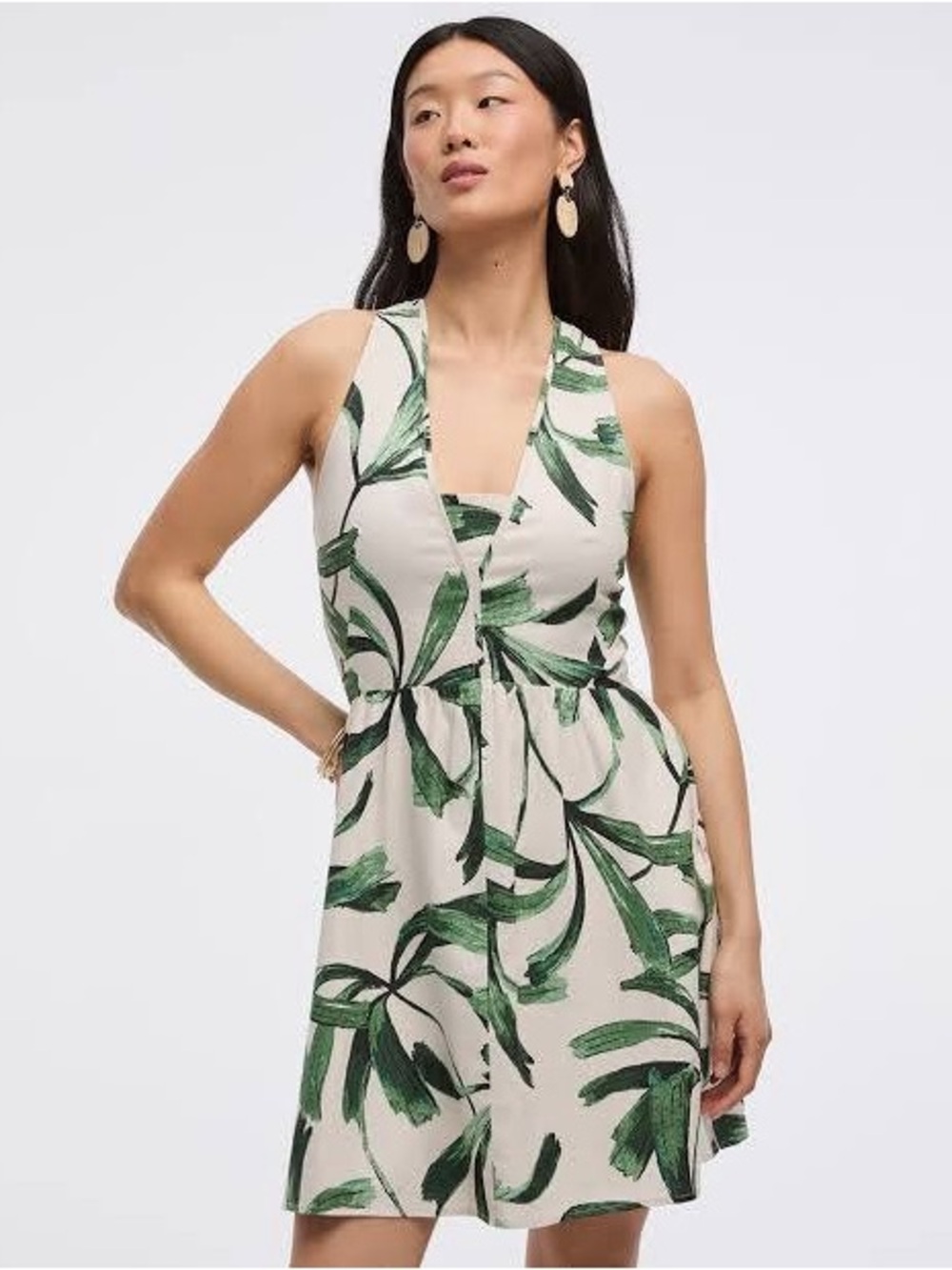 Reitmans Cream Halter Cover-Up with Green Leaf Print